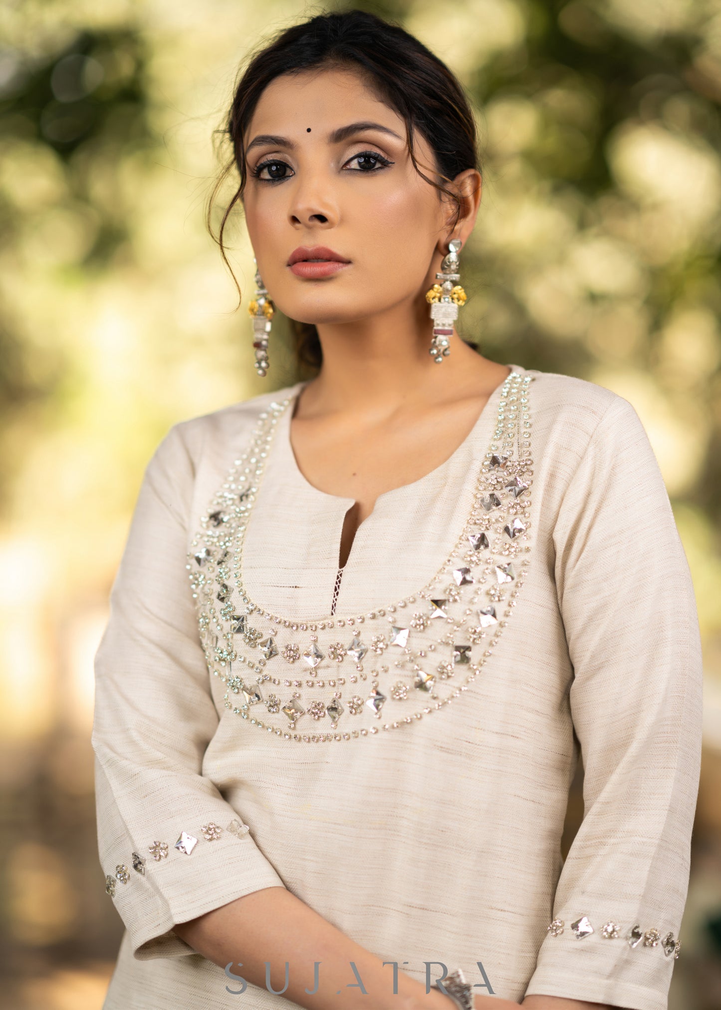 Handloom cotton kurta with stone embellished yoke - Pant optional