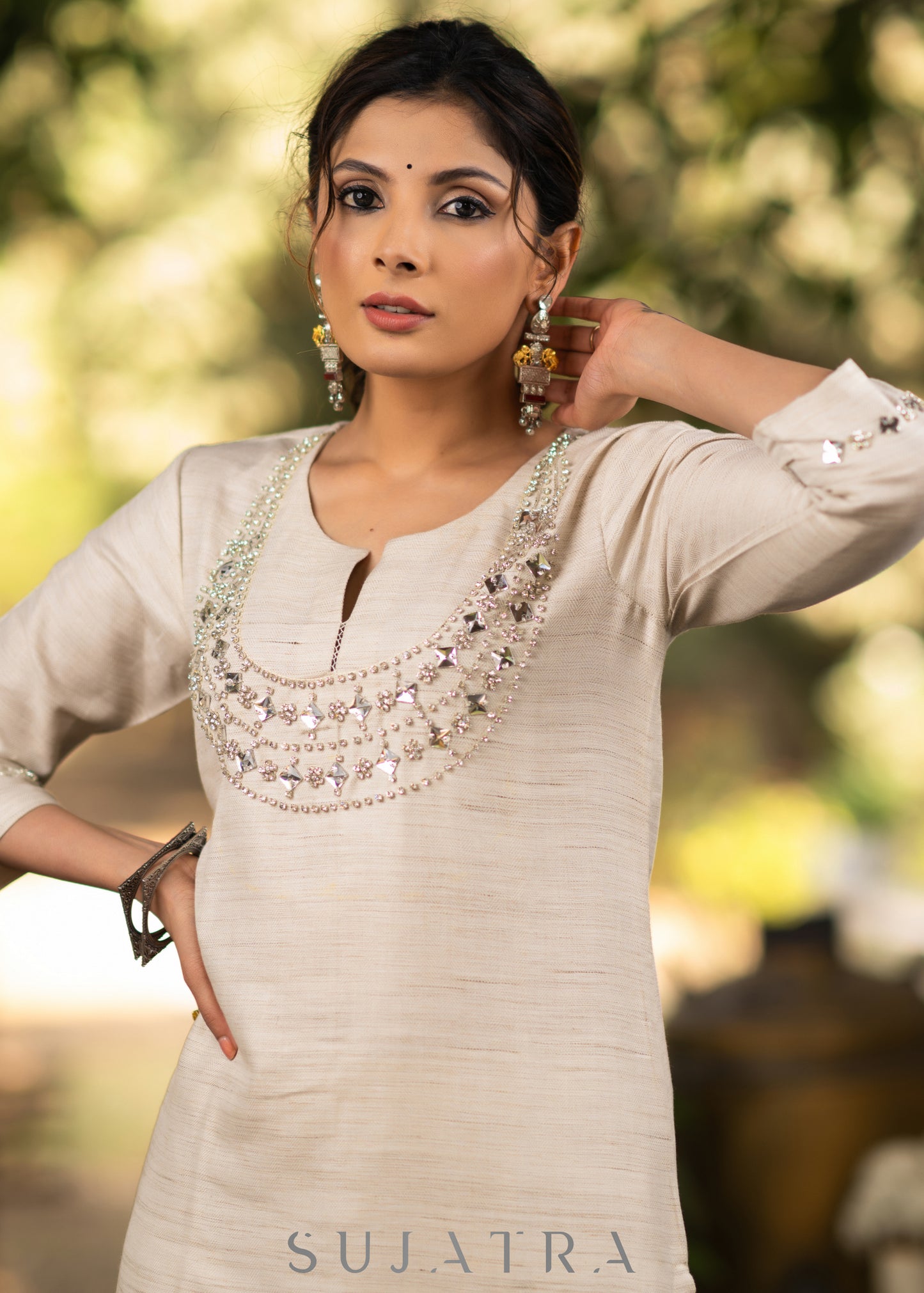 Handloom cotton kurta with stone embellished yoke - Pant optional