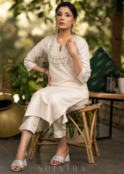 Handloom cotton kurta with stone embellished yoke - Pant optional