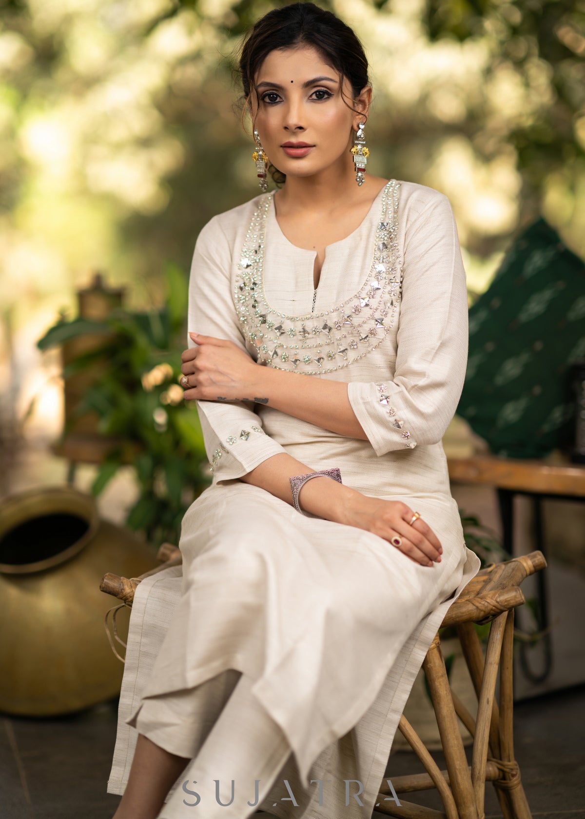 Handloom cotton kurta with stone embellished yoke - Pant Optional