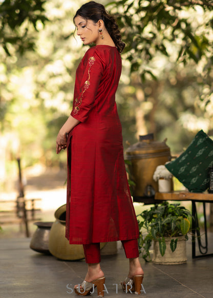Maroon Gold Hand embroidered Cotton silk kurta - Pant Optional