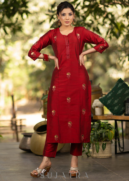 Maroon Gold Hand embroidered Cotton silk kurta - Pant Optional