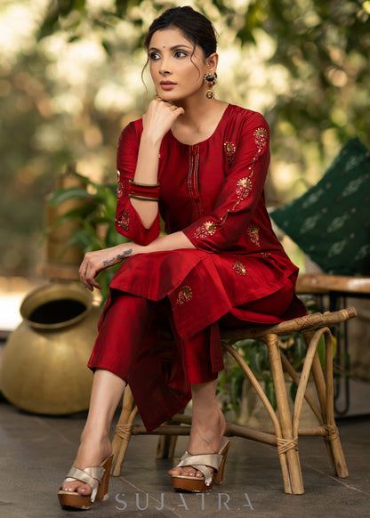 Maroon Gold Hand embroidered Cotton silk kurta - Pant Optional