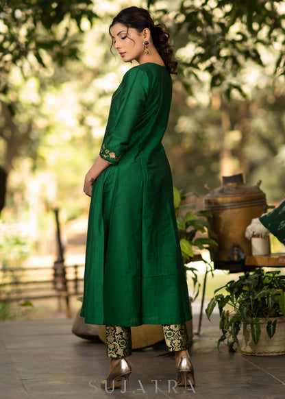 Green Cotton Silk princess cut embroidered kurta and brocade Pant