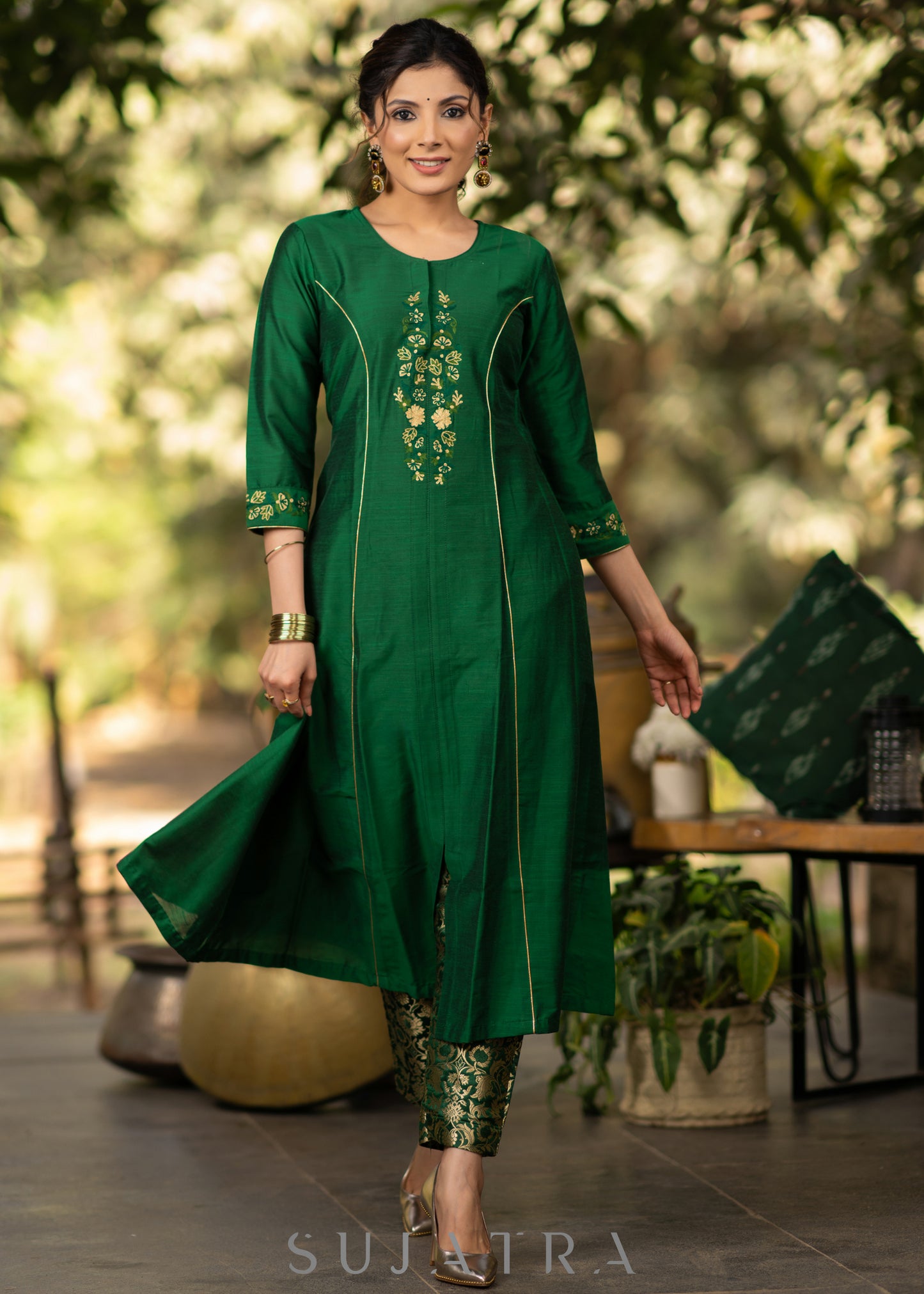 Green Cotton Silk princess cut embroidered kurta and brocade Pant