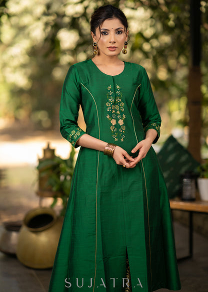 Green Cotton Silk princess cut embroidered kurta and brocade Pant