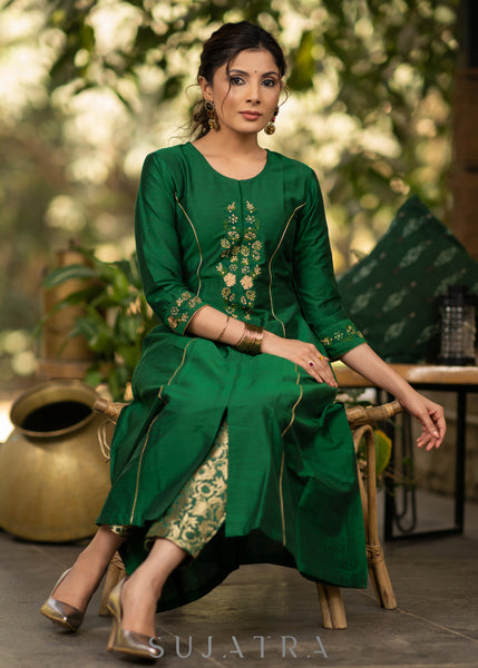 Green Cotton Silk princess cut embroidered kurta and brocade Pant