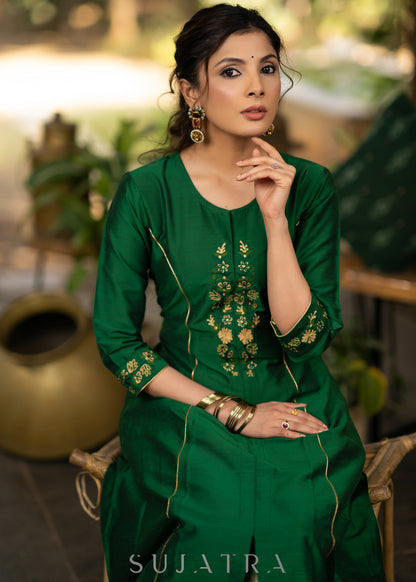 Green Cotton Silk princess cut embroidered kurta and brocade Pant
