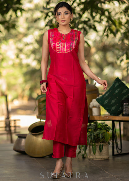 Dussehra Sale — Magenta Cotton silk Kurta with Brocade Yoke