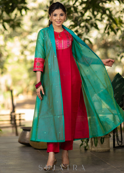 Dussehra Sale — Magenta Cotton silk Kurta with Brocade Yoke