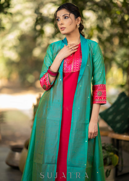 Dussehra Sale — Magenta Cotton silk Kurta with Brocade Yoke