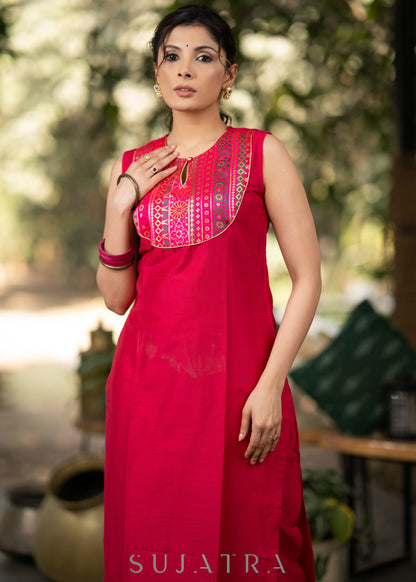 Dussehra Sale — Magenta Cotton silk Kurta with Brocade Yoke