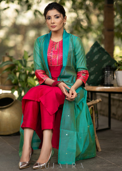 Dussehra Sale — Magenta Cotton silk Kurta with Brocade Yoke