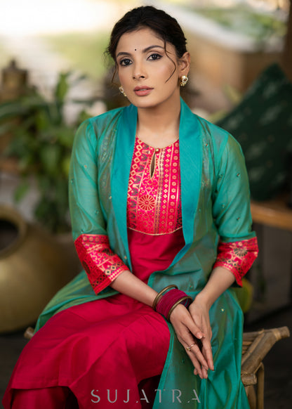 Dussehra Sale — Magenta Cotton silk Kurta with Brocade Yoke