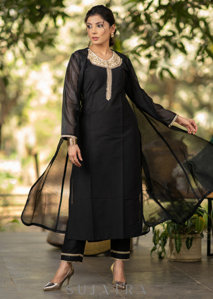 Black Cotton silk embroidered Kurta