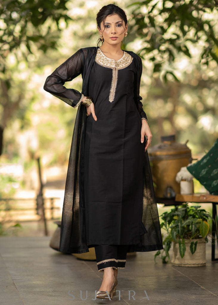 Black Cotton silk embroidered Kurta and Pant - Chanderi Jacket Optional