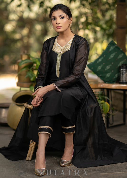 Black Cotton silk embroidered Kurta