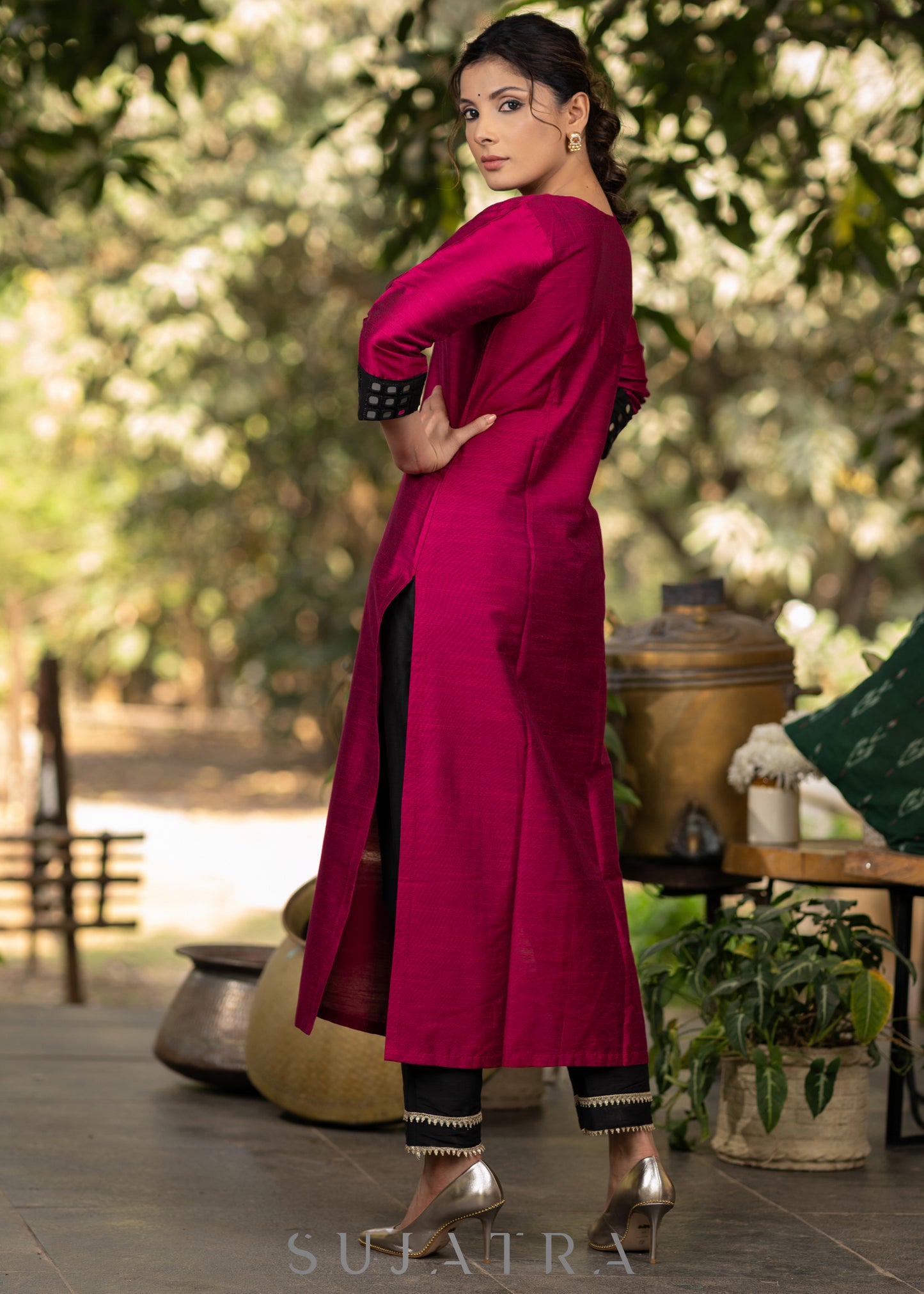 Magenta Cotton Silk Hand mirror work Kurta