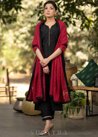 Black Cotton silk front pleated kurta and Chikankari Dupatta - Pant optional