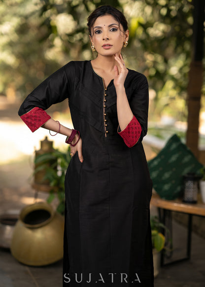 Black Cotton silk front pleated kurta