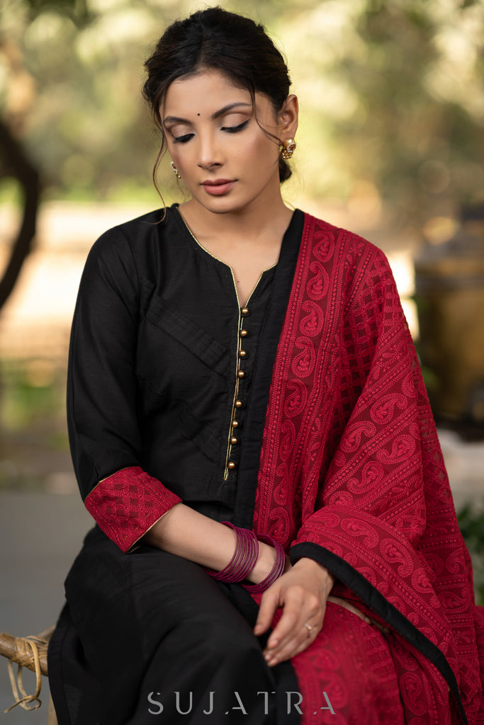 Black Cotton silk front pleated kurta and Chikankari Dupatta - Pant optional