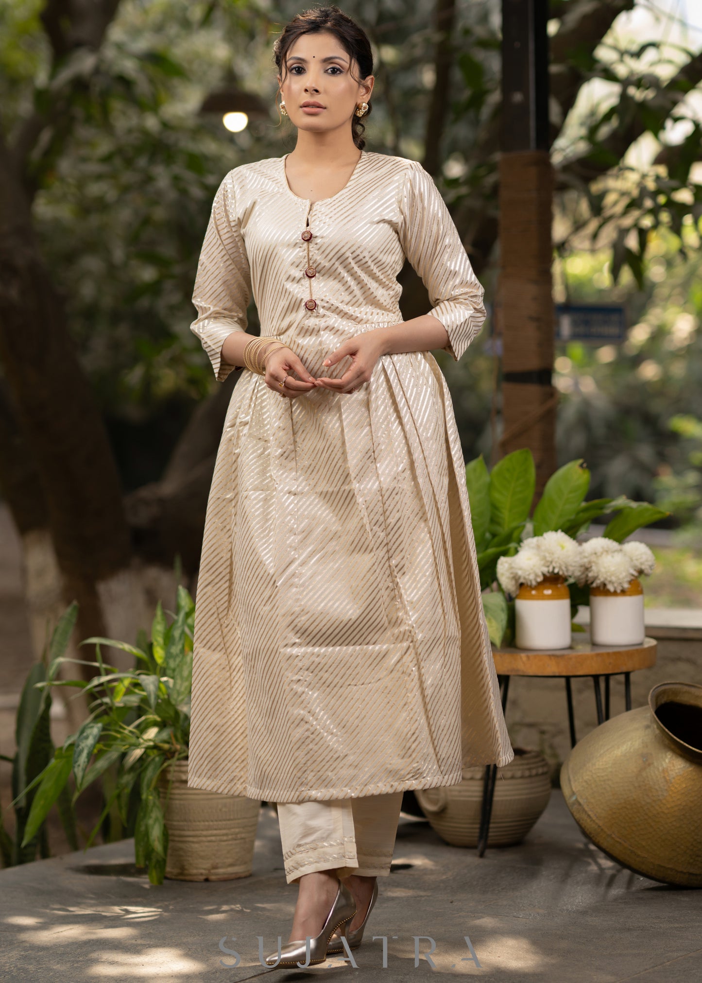 Off-white striped kurta