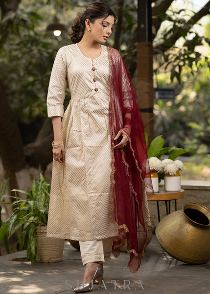 Off-white striped kurta with Maroon Scalloped Dupatta - Pant Optional