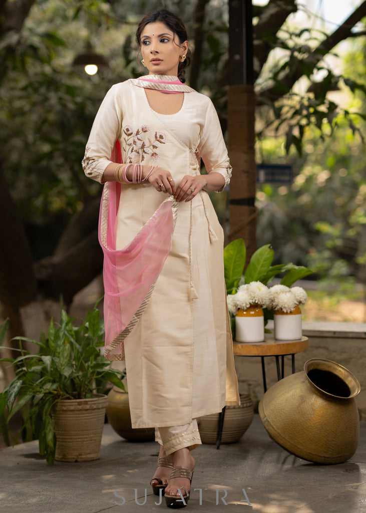 Off-white Cotton silk Gold embroidered asymmetric kurta & Pant - Pink Net Dupatta Optional