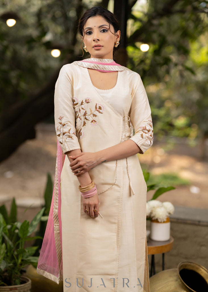 Off-white Cotton silk Gold embroidered asymmetric kurta & Pant - Pink Net Dupatta Optional