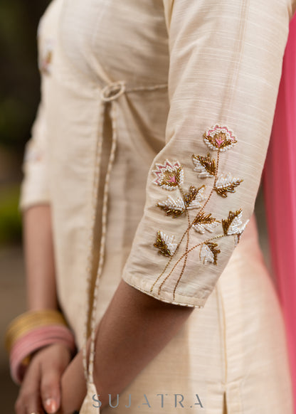 Off-white Cotton silk Gold embroidered asymmetric kurta