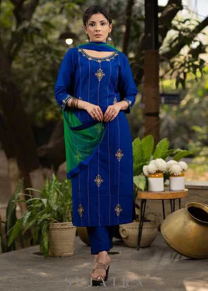 Blue Cotton silk embroidered kurta and Pant - Green Net Dupatta Optional
