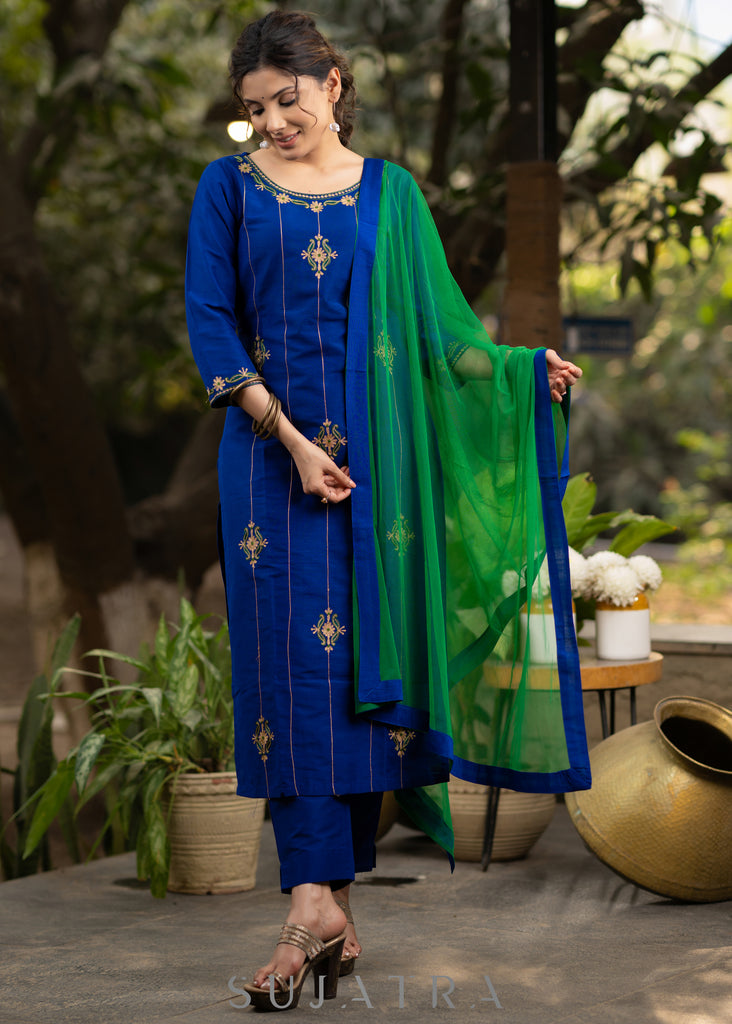 Blue Cotton silk embroidered kurta and Pant - Green Net Dupatta Optional