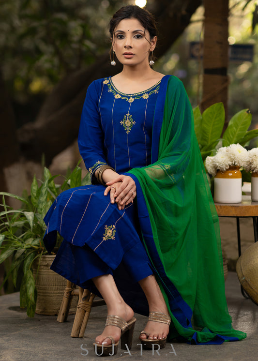 Blue Cotton silk embroidered kurta