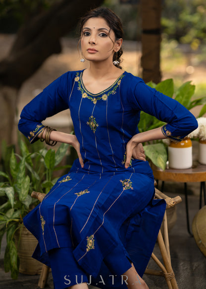 Blue Cotton silk embroidered kurta