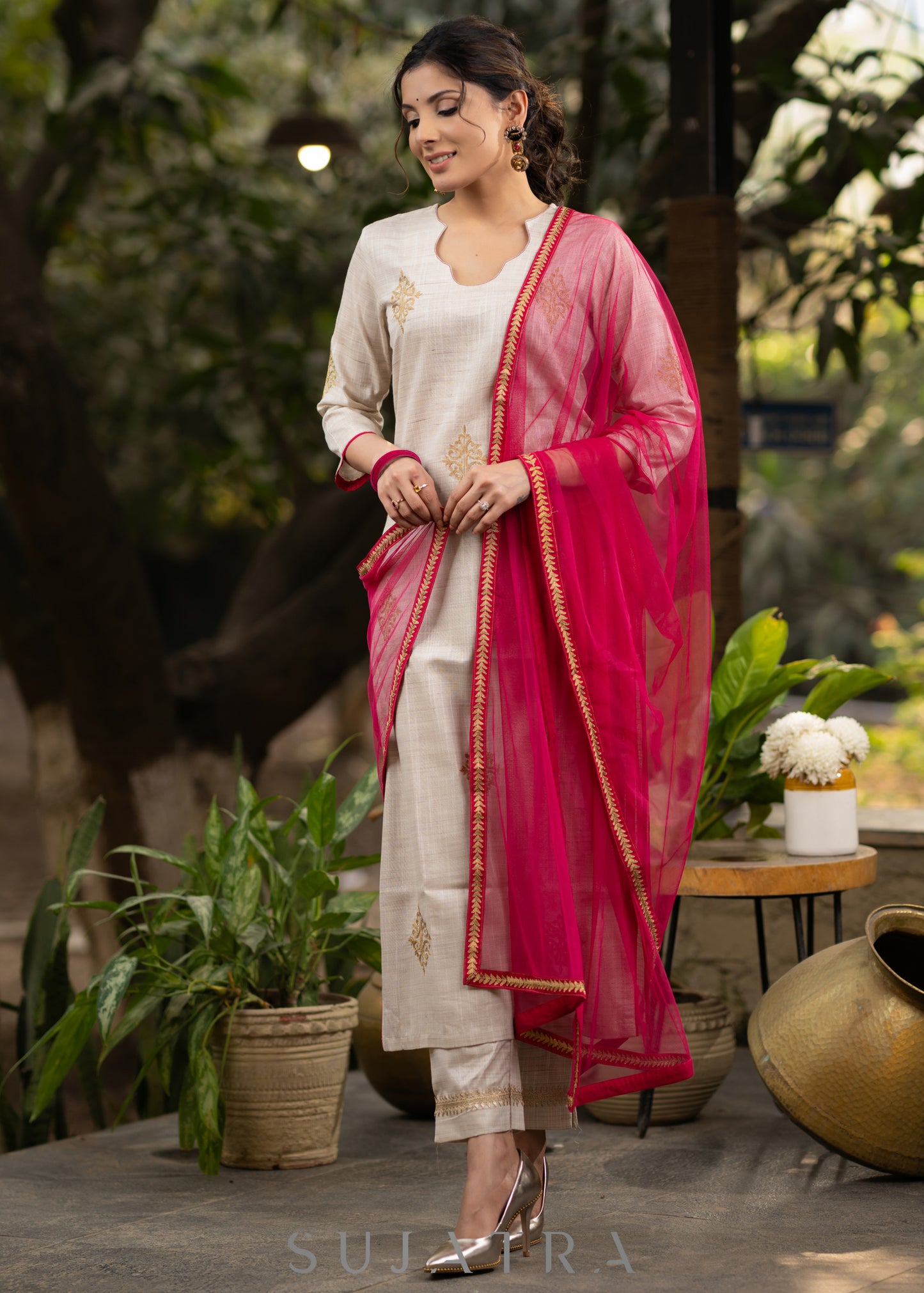 Light beige gold motif kurta