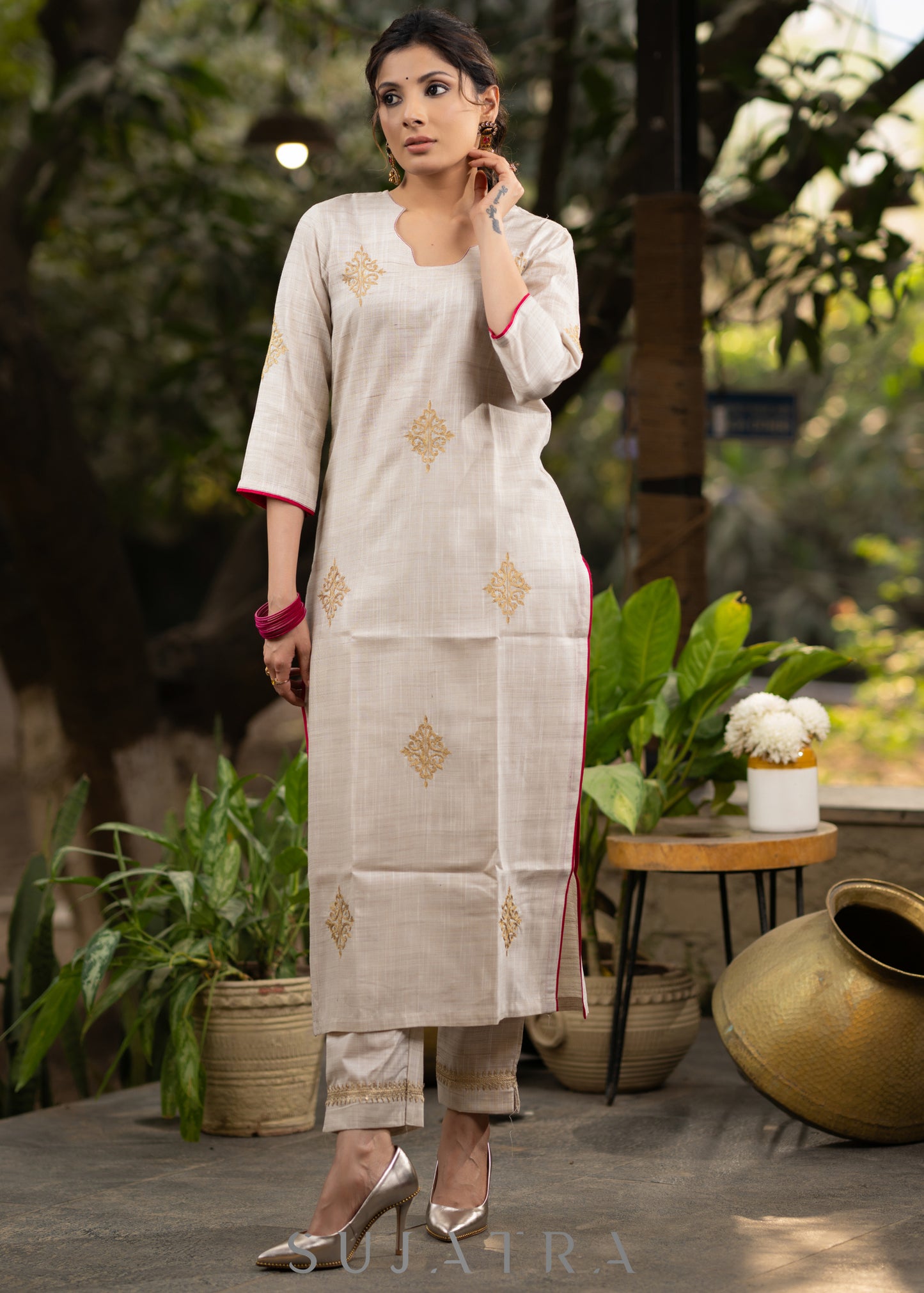 Light beige gold motif kurta