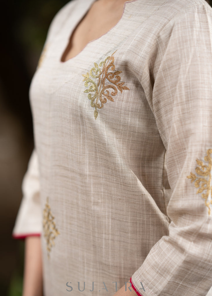 Light beige gold motif kurta and Pant - Embroidered Net Dupatta Optional