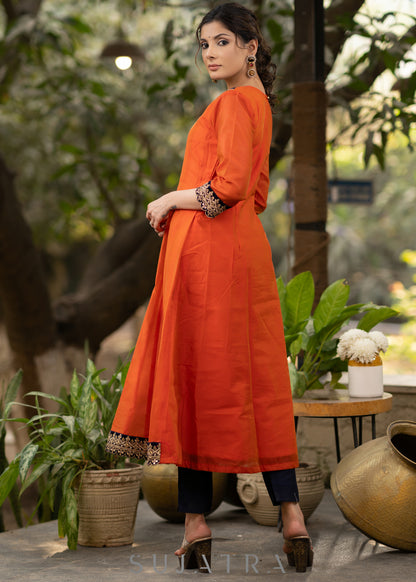Orange chanderi kurta with brocade yoke