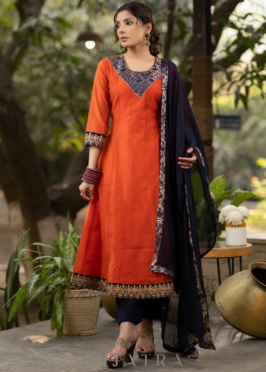 Orange chanderi kurta with brocade yoke