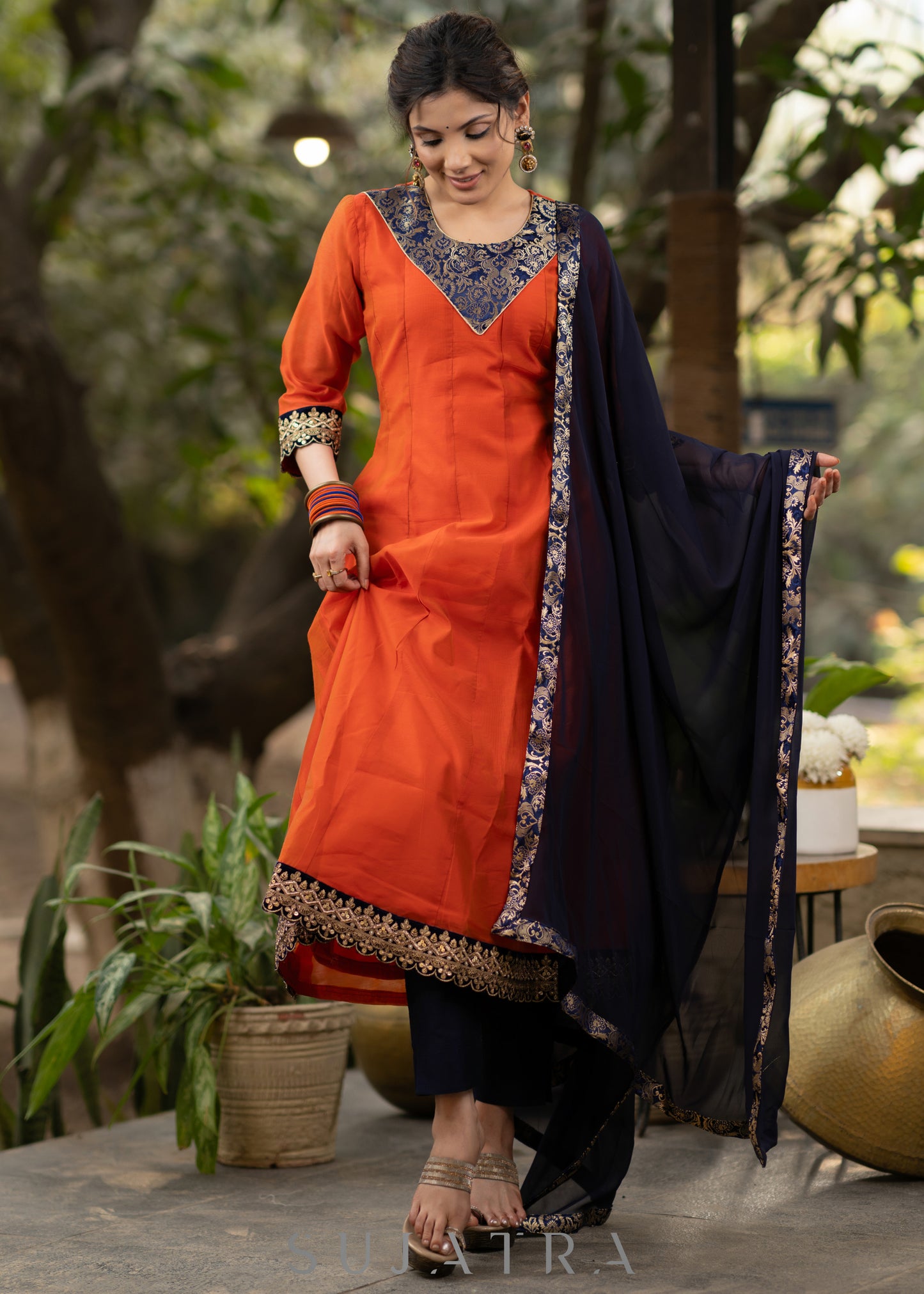Orange chanderi kurta with brocade yoke
