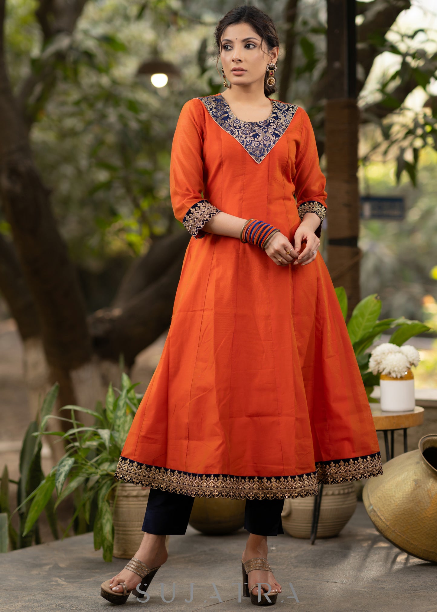 Orange chanderi kurta with brocade yoke