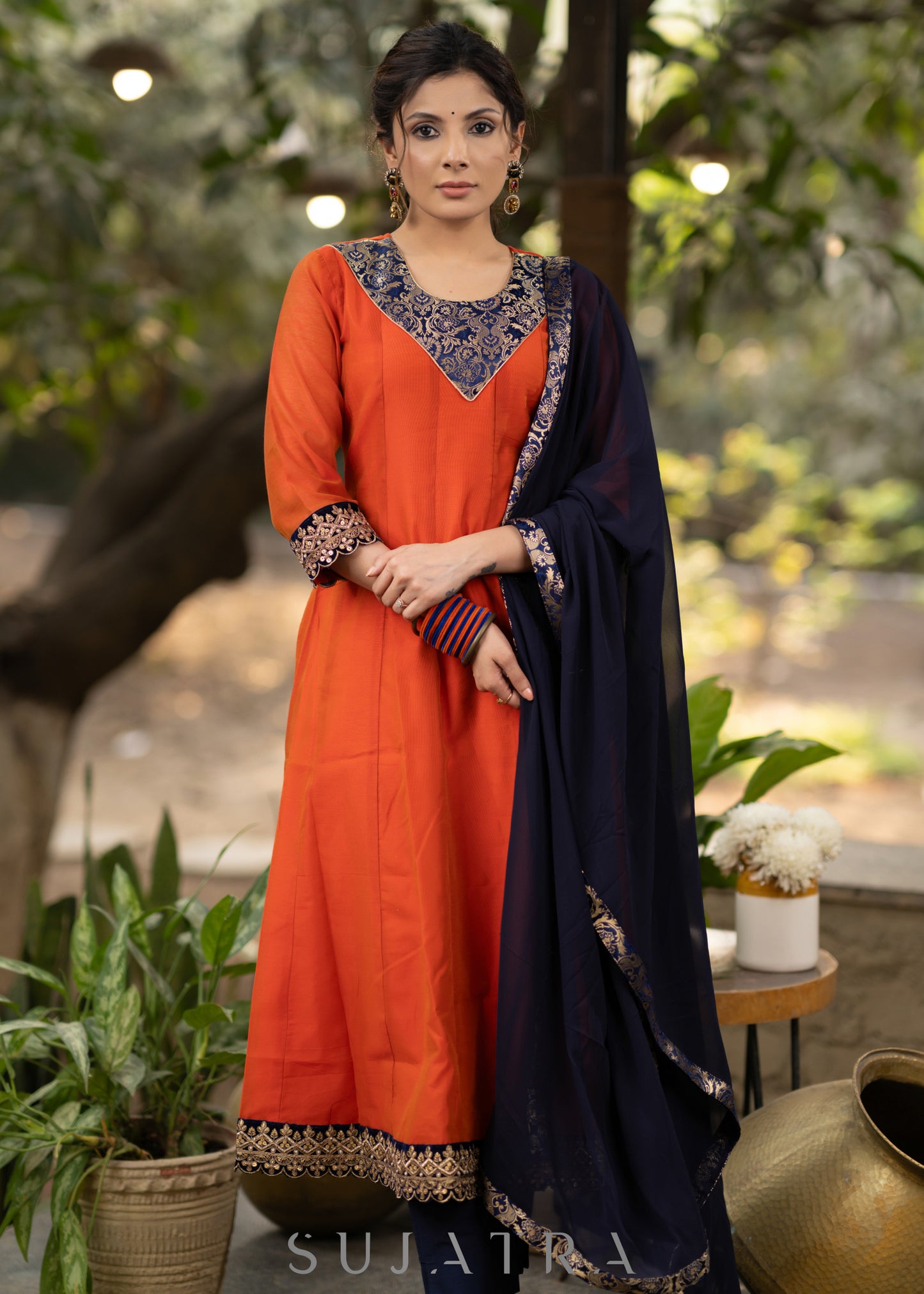 Orange chanderi kurta with brocade yoke