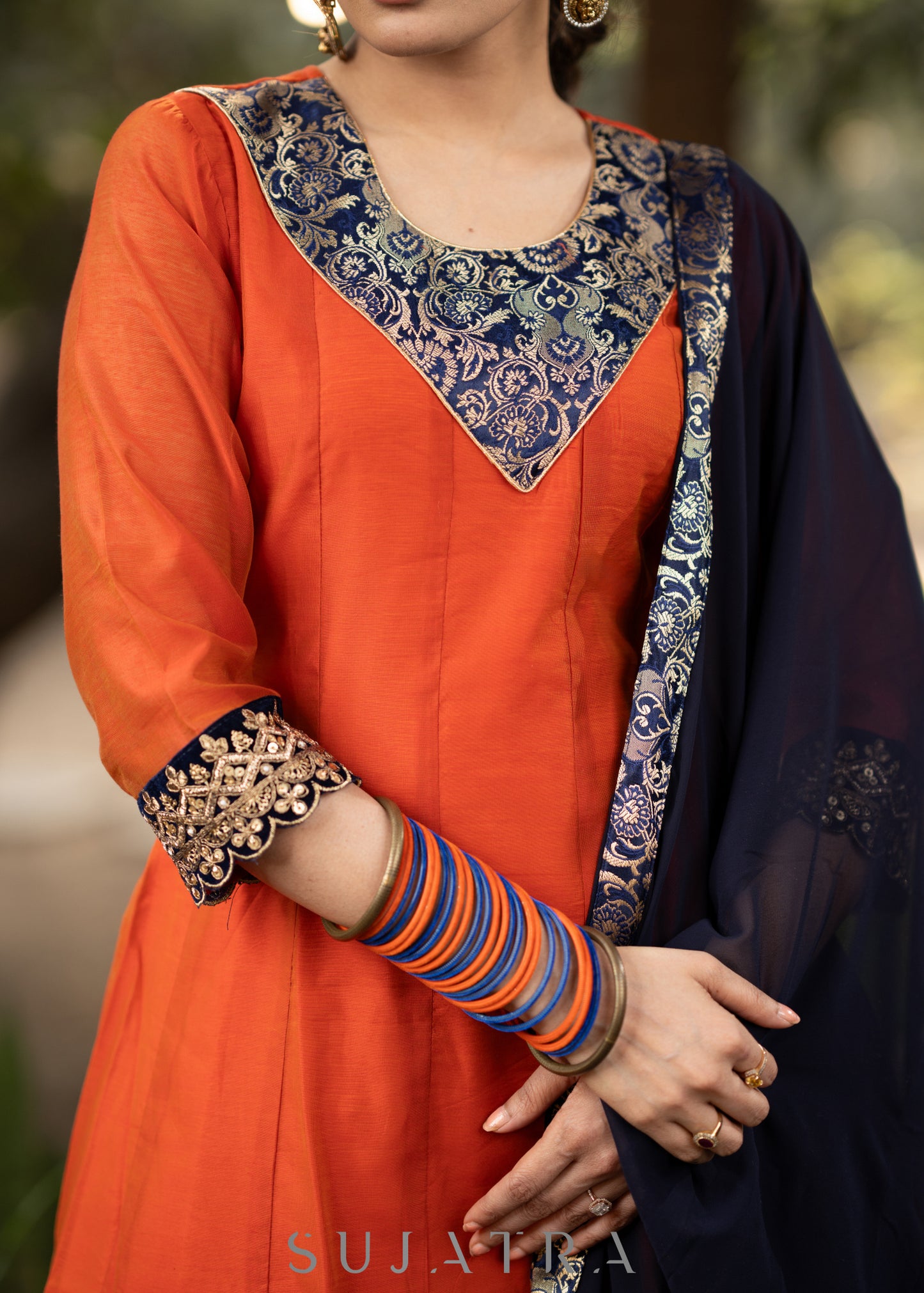 Orange chanderi kurta with brocade yoke