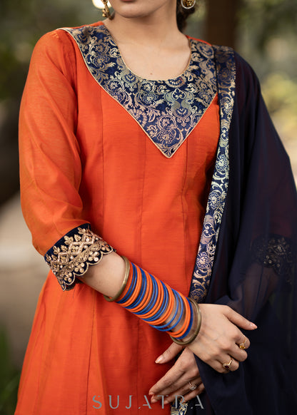 Orange chanderi kurta with brocade yoke