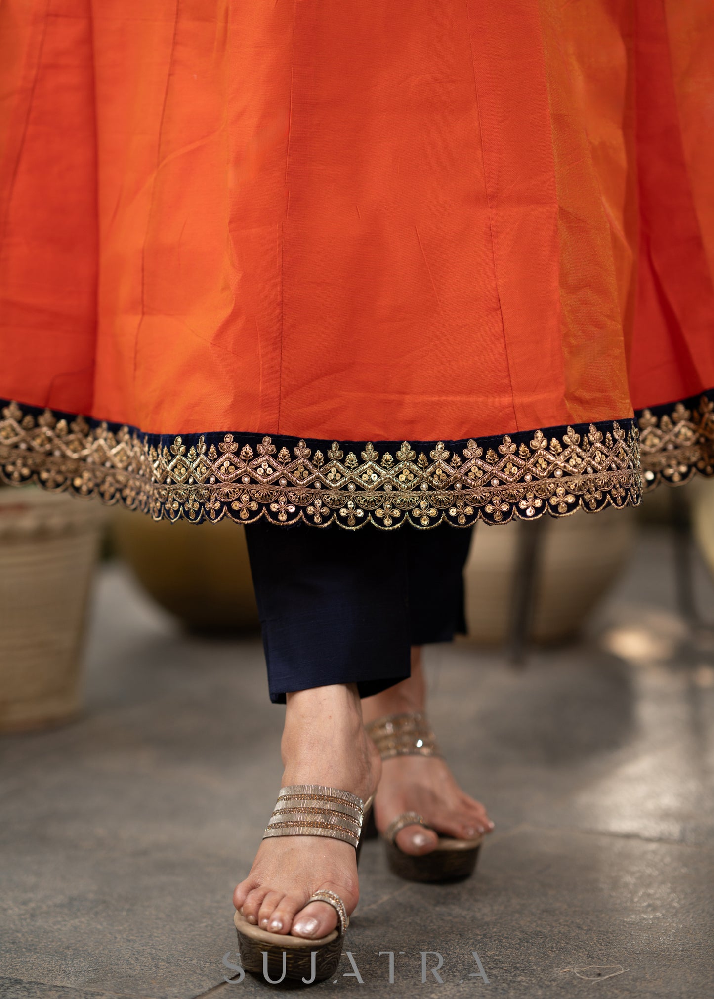 Orange chanderi kurta with brocade yoke