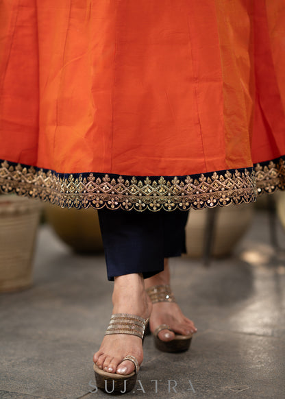 Orange chanderi kurta with brocade yoke