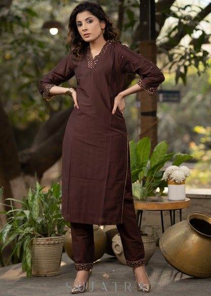 Hand embroidered beautiful coffee brown kurta