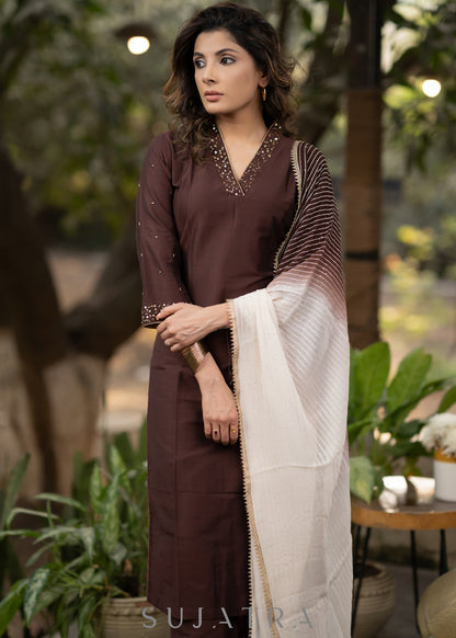 Hand embroidered beautiful coffee brown kurta