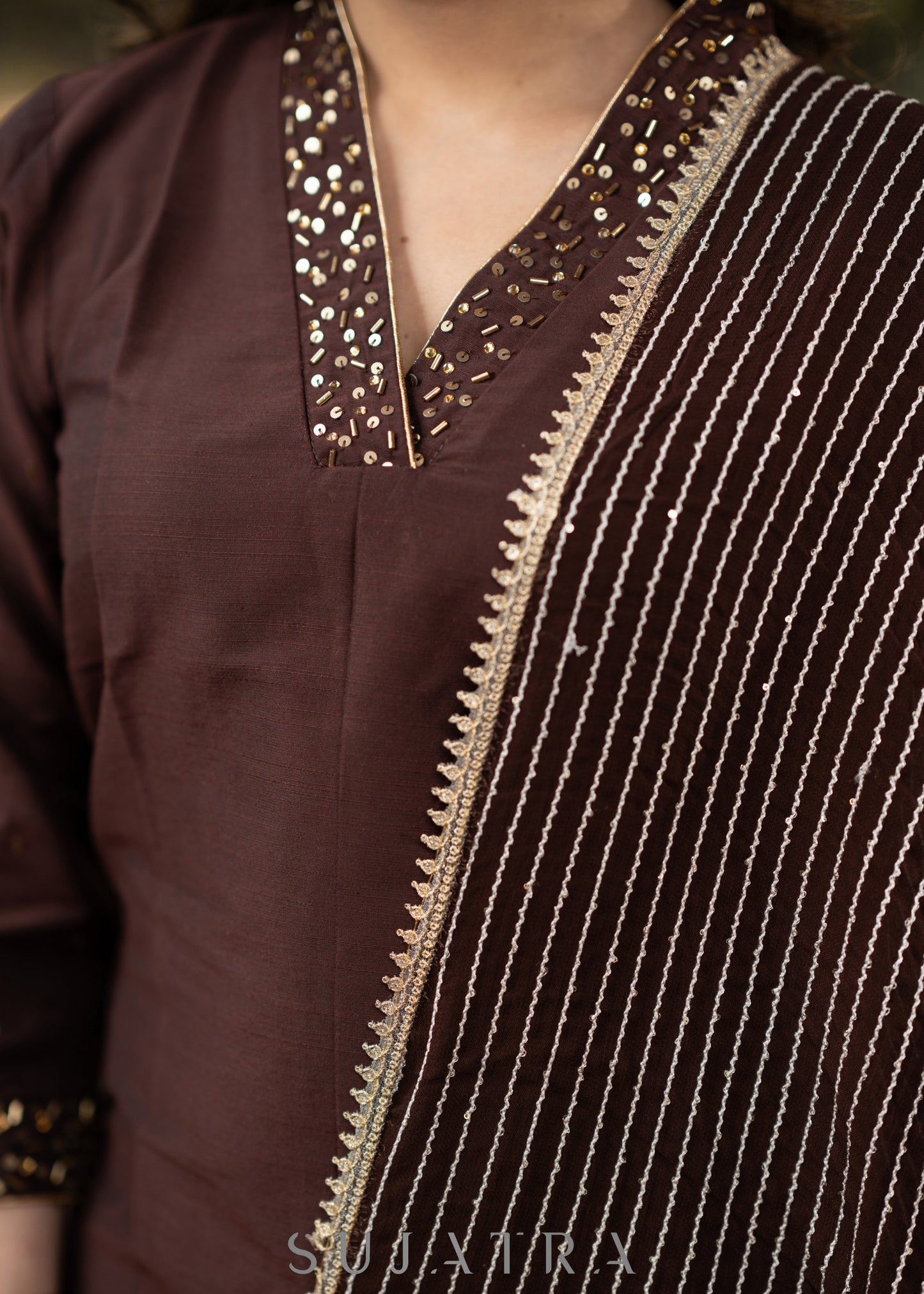 Hand embroidered beautiful coffee brown kurta