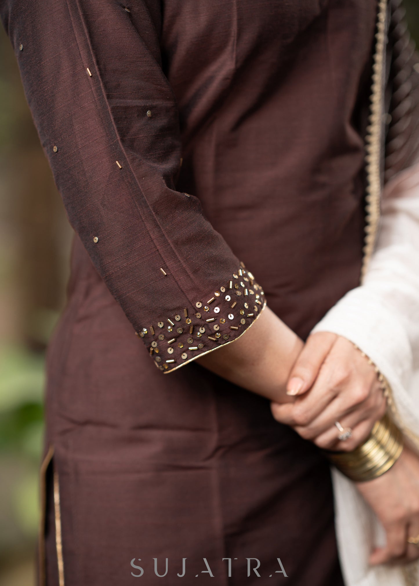 Hand embroidered beautiful coffee brown kurta